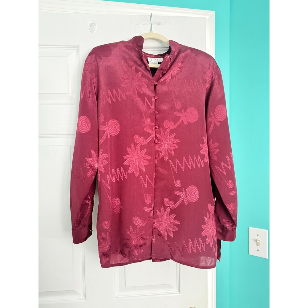 Vintage Tess Burgundy Floral Jacquard Mandarin Collar Button Down Blouse Small